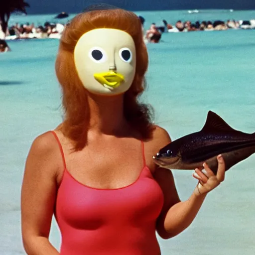 Image similar to 1981 woman on tv show wearing a happy squishy inflatable prosthetic mask, soft color wearing a swimsuit at the beach 1981 color film 16mm holding a an inflatable fish Fellini John Waters Russ Meyer Doris Wishman old photo