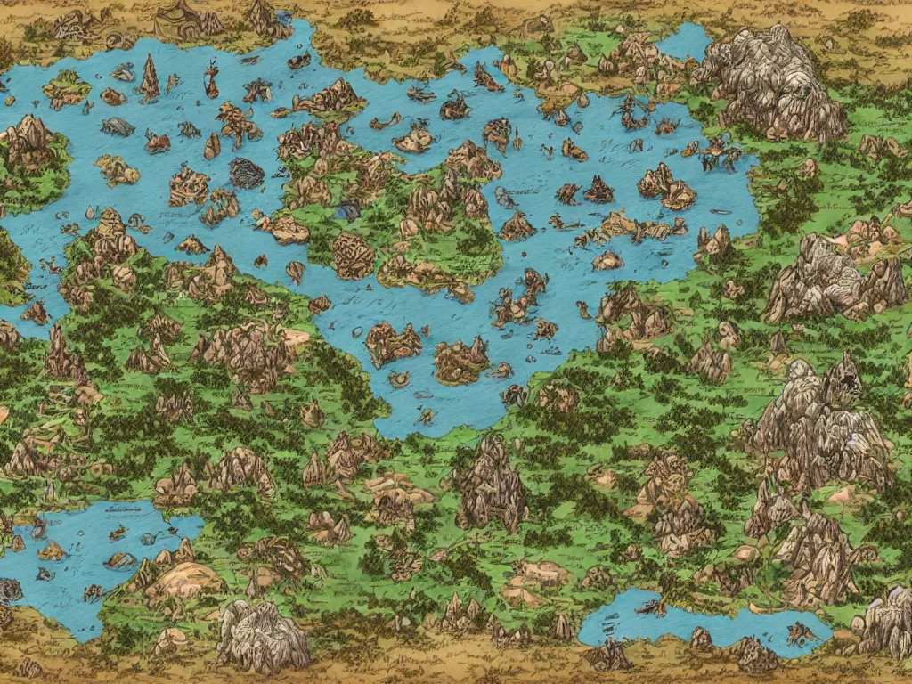 Image similar to an incredibly detailed map of a fantasy world with elaborate biomes and illustrations