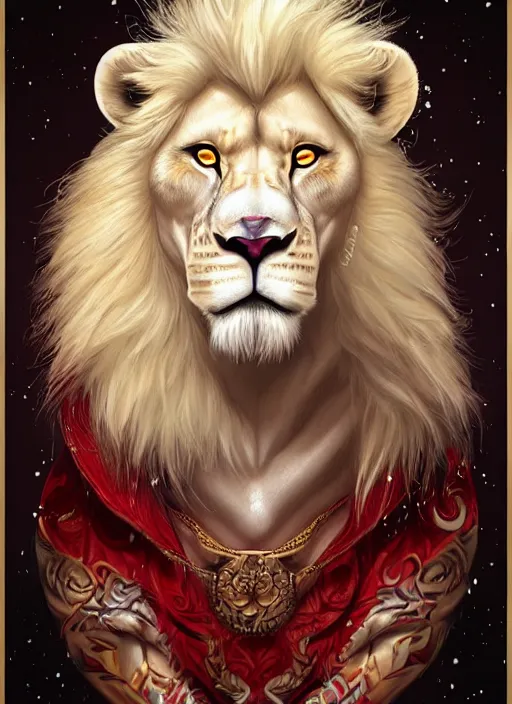 Prompt: award winning beautiful portrait commission of a male furry anthro albino lion with tattoos on his muscular belly with a beautiful hyperdetailed face wearing a golden and red winter handcrafted outfit with red gradient background and white snow falling around lion. Character design by charlie bowater, ross tran, and makoto shinkai, detailed, inked, western comic book art