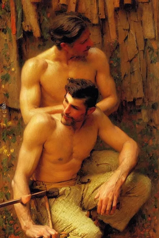 Prompt: gorgeous male whittling a wooden figure, alsace, painting by gaston bussiere, craig mullins, j. c. leyendecker