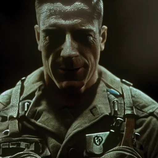 Image similar to soldier is made of rocks, still from the movie universal soldier, fog, dramatic lighting