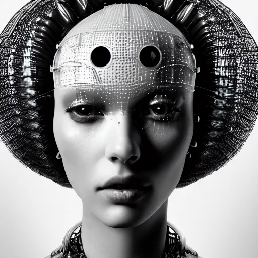 Image similar to closeup portrait of an absurdly beautiful, graceful, sophisticated, fashionable cyberpunk mechanoid gravure idol, an ultrafine hyperdetailed illustration by irakli nadar, matt wisniewski style, fashion photography, intricate linework, porcelain skin, jellyfish headdress, unreal engine 5 highly rendered, global illumination, radiant light, detailed and intricate environment