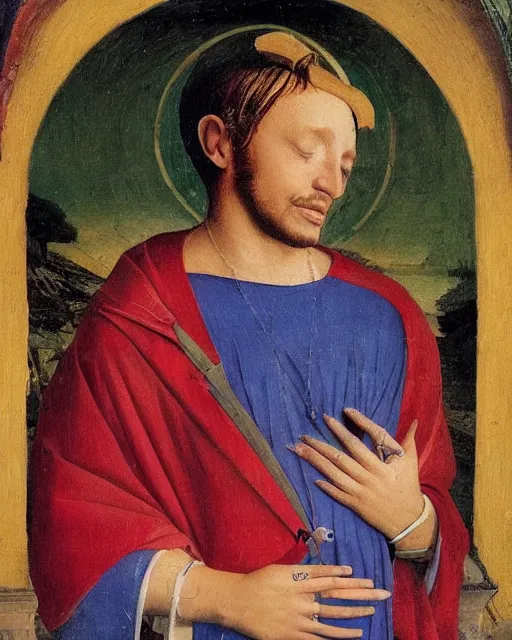 Image similar to rapper juice wrld legend rockstar smiling with a yellow halo above his head by fra angelico renaissance painting