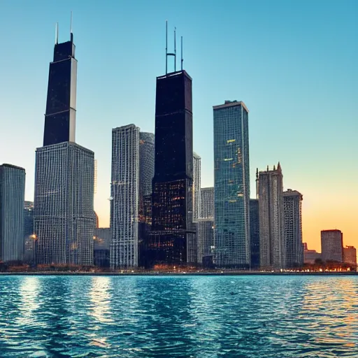 Prompt: Downtown Chicago taken from lake Michigan at Golden hour, vaporwave and cyberpunk art