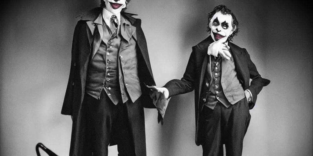 Image similar to joker wearing clothes in the style of directoire style, photograph, grinning, creepy,