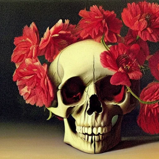 Image similar to a painting by Thomas Cole of a skull with flowers growing out, highly detailed 3d rendering from 1996