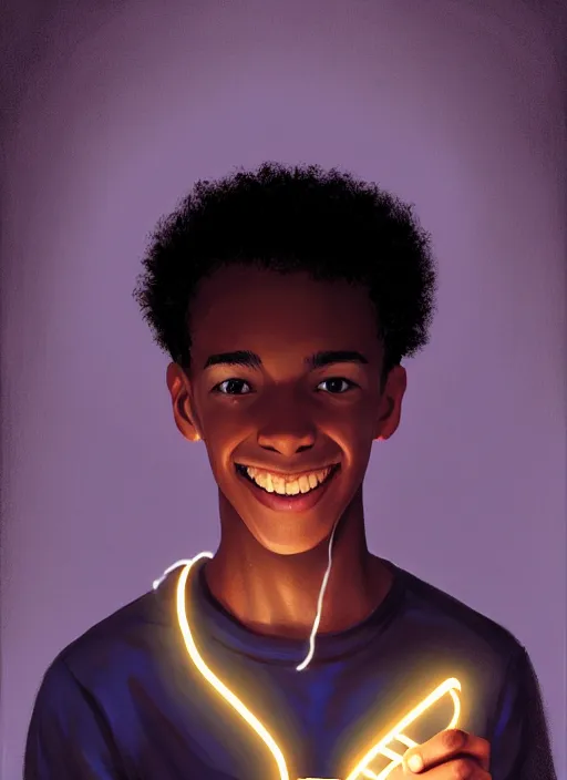 Image similar to portrait of teenage chuck clayton, black teenage boy, very short curly hair, very short hair, square jaw, slight excited smile, reading archie comic book, intricate, elegant, glowing lights, highly detailed, digital painting, artstation, concept art, smooth, sharp focus, illustration, art by wlop, mars ravelo and greg rutkowski