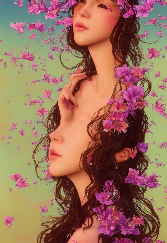 Image similar to beautiful, young woman, detailed gorgeous face, vaporwave aesthetic, synthwave, colorful, psychedelic, artstation, concept art, smooth, extremely sharp detail, thorn crown, flowers, bees, finely tuned detail, ultra high definition, 8 k, unreal engine 5, ultra sharp focus, illustration, art by artgerm, greg rutkowski and alphonse mucha