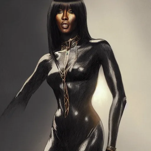 Image similar to full figure ultra realistic illustration, naomi campbell wearing a black suit, intricate, elegant, highly detailed, digital painting, artstation, concept art, smooth, sharp focus, illustration, art by artgerm and greg rutkowski and alphonse mucha