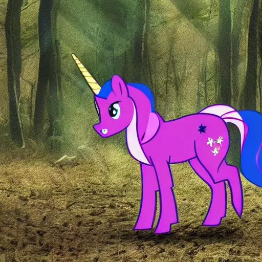 Image similar to photo of a wild horse in the woods that looks like a my little pony, feral vicious cryptid