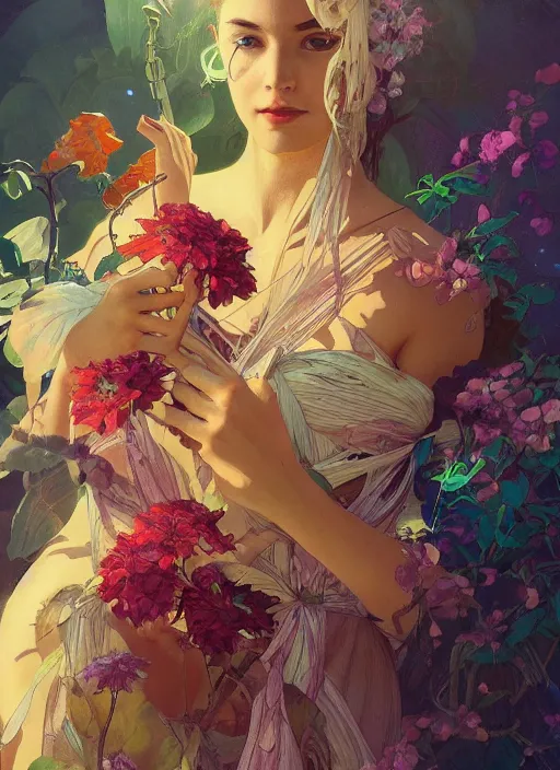 Image similar to isolated flowers with strong dark comic outlines, colorful, psychedelic, intricate, elegant, highly detailed, digital painting, artstation, concept art, smooth, sharp focus, illustration, art by artgerm and greg rutkowski and alphonse mucha