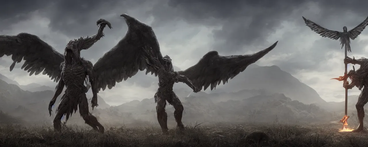 Image similar to cinematography picture of monster with angel wings, no eyes, long jaw, holding a spear, 8k, unreal engine 5, ps5, hyperrealistic, artstation, highly detailed