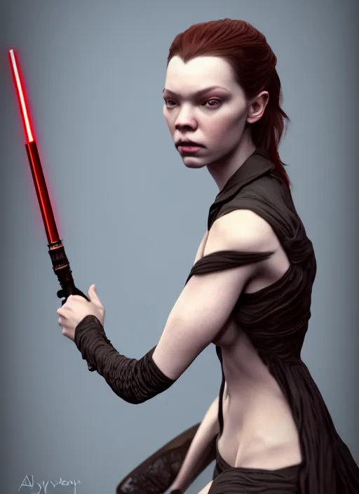 Image similar to Sith Lord playd by Anya taylor joy, studio light, photoreal, daz3d,intricate,elegant,highly detailed,8k,digital painting,concept art, sharp focus, illustration,golden ratio