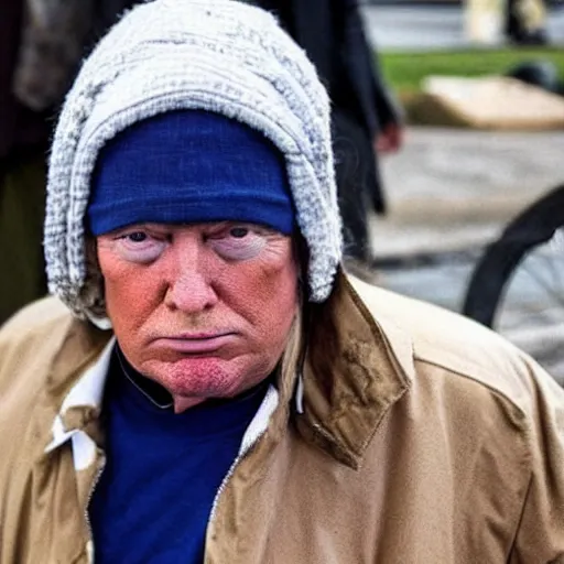 Image similar to donald trump dressed as a homeless man living in the slums