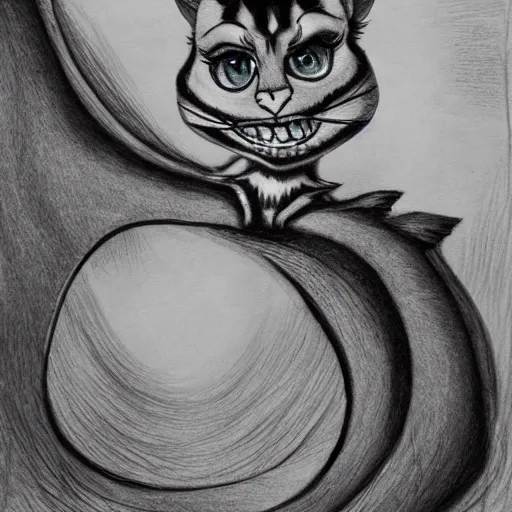 Image similar to cheshire cat from alice in wonderland as drawn by savlador dali