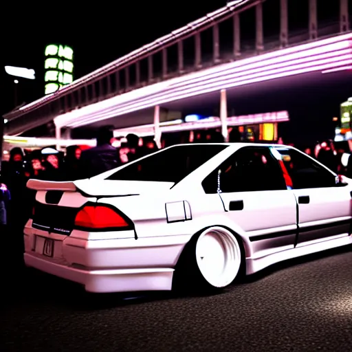 Image similar to a car JZX90 twin turbo drift at illegal car meet, Shibuya prefecture, city midnight mist lights, cinematic lighting, photorealistic, highly detailed wheels, high detail