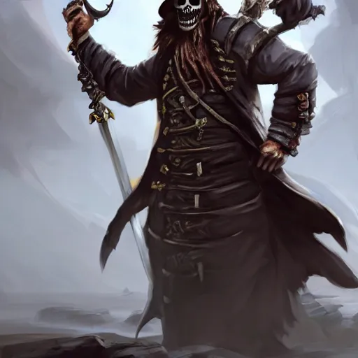 Image similar to Full body shot of undead pirate captain wielding a sandstone rapier and sandstone dagger, weapons made of sandstone. Wearing a hat with an impressive feather and with a brutal scar across his neck. Dark magic, necromancy, dark lighting, flux. High fantasy, digital painting, HD, 4k, detailed by Ruan Jia
