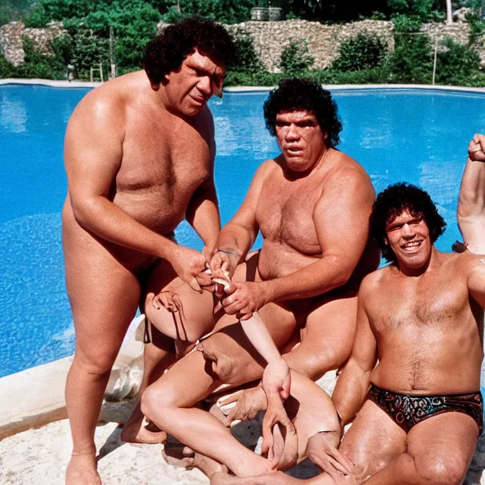 Image similar to andre the giant wearing a sequin speedo sitting by the pool with a goat and genghis khan from the movie bill & ted's excellent pool party, movie still, 8 k, realistic