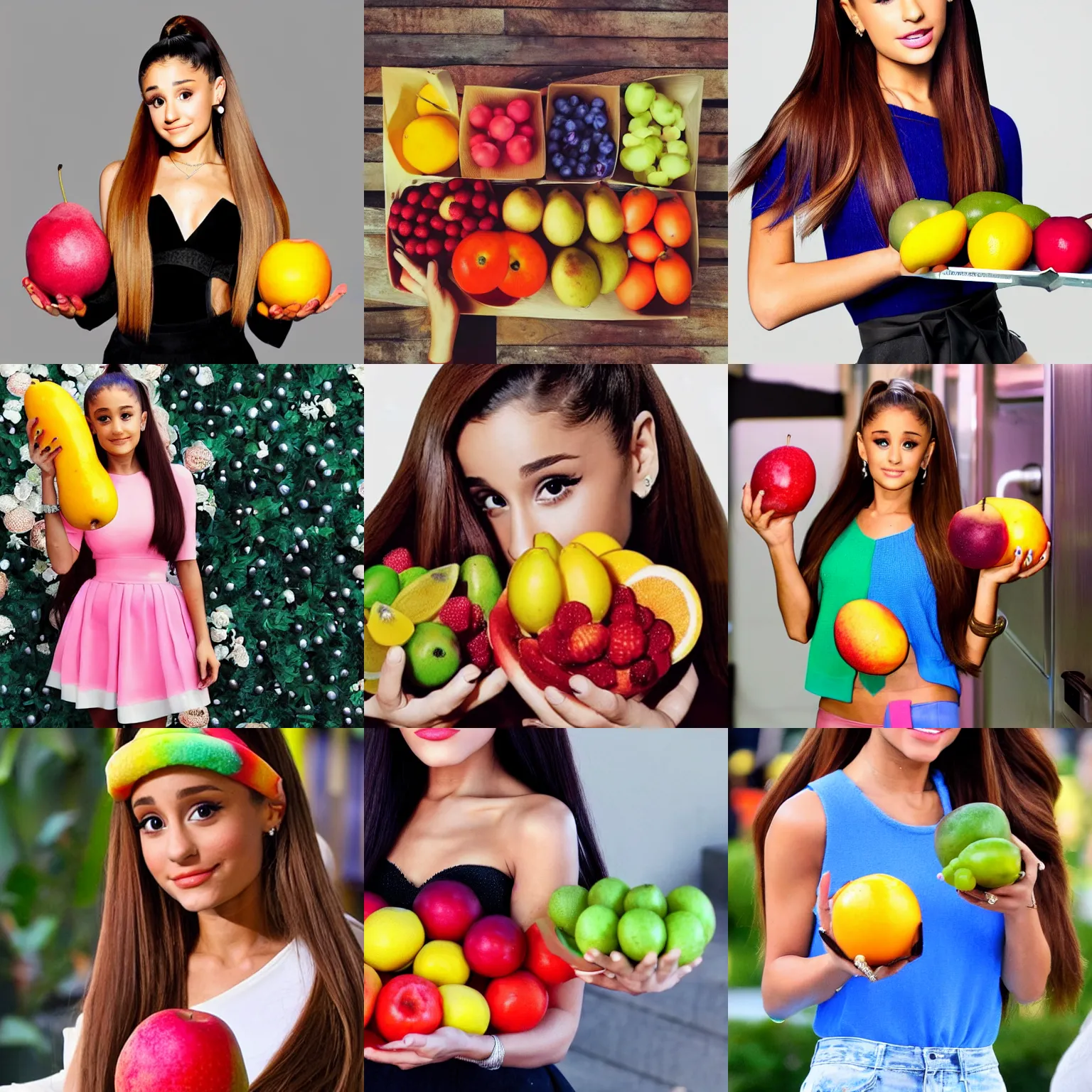 Prompt: Ariana Grande holding various colored fruits.