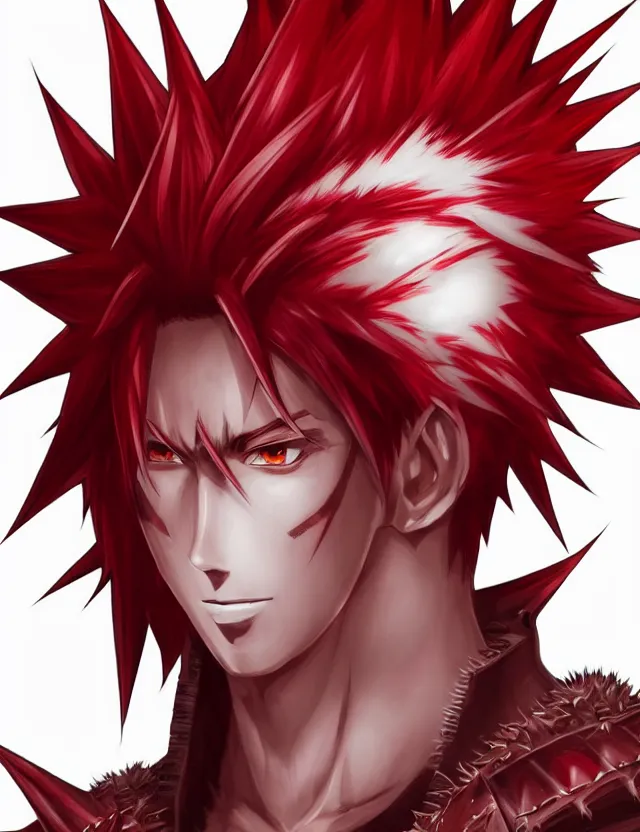 Image similar to a detailed manga portrait of a handsome tall man with spiked crimson hair in fiery crimson crystalline armour, trending on artstation, digital art, 4 k resolution, detailed, high quality, sharp focus, hq artwork, coherent, insane detail, character portrait