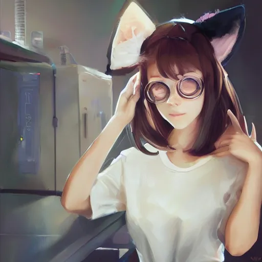 Prompt: girl with cat ears in a biology lab, cat ears, by WLOP, by Artgerm, by Michael Garmash, by Ilya Kuvshinov, digital art, trending on artstation, beautiful lightning, atmospheric, fantasy