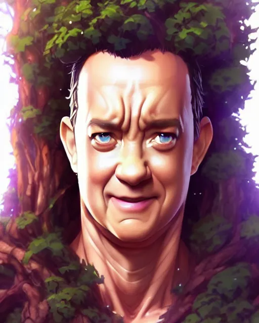 Image similar to character concept art of tom hanks as an anime dryad | cute - fine face, pretty face, realistic shaded perfect face, fine details by stanley artgerm lau, wlop, rossdraws, james jean, andrei riabovitchev, marc simonetti, and sakimichan, tranding on artstation