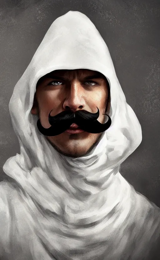 Image similar to a cowboy with a black mustache, wearing a white hood, with wheat in his mouth, dynamic lighting, fantasy concept art, trending on art station, stunning visuals, creative, cinematic, ultra detailed
