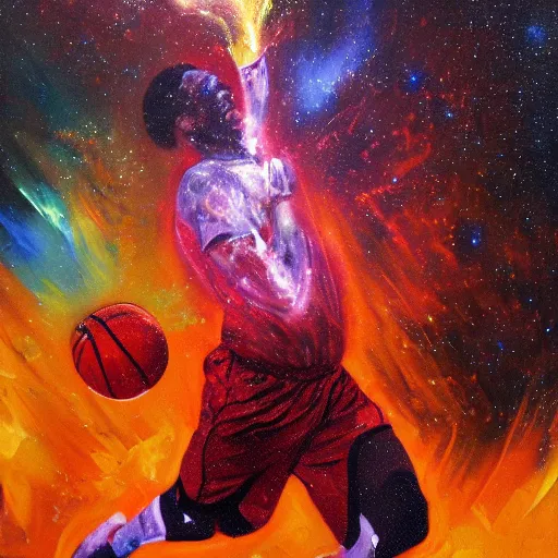 Image similar to An expressive oil painting of a basketball player dunking, depicted as an explosion of a nebula