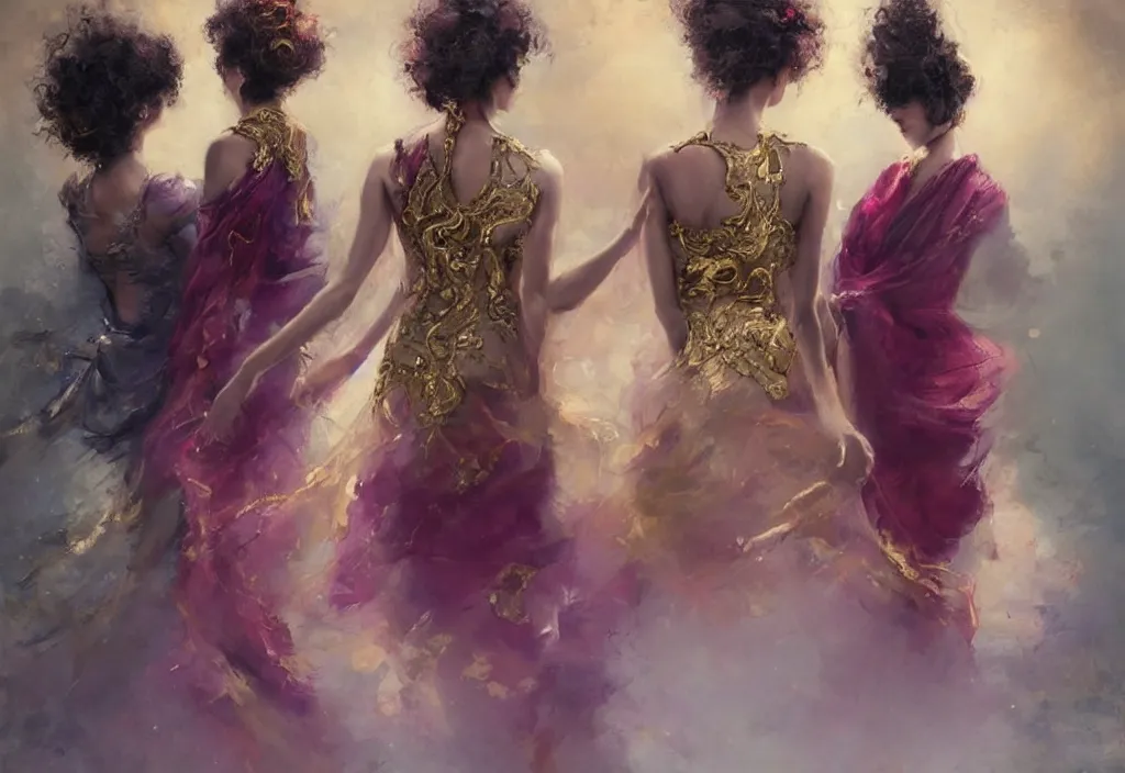 Image similar to full body portrait of a trio of 1 9 years old girl figures, curly messy high bun hairstyle, oriental tattoos, subject wearing a gold and ruby high fashion gown, flowing, ornate, beautiful, dramatic earth colors, with few vivid purple highlights, by jeremy mann and greg rutkowski, trending on artstation, oil on canvas
