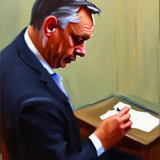 Image similar to viktor orban playing on his phone in a cubicle, oil painting