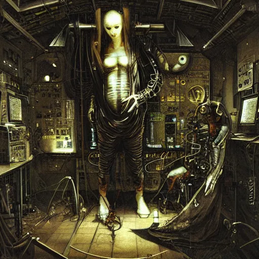Prompt: cyberpunk hacker surrounded by computers and machines, wires, data, by emil melmoth h r giger brian froud gustave dore albrecht durer hieronymus bosch greg rutkowski