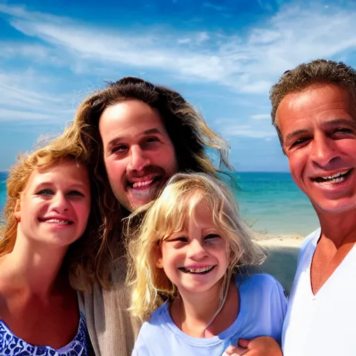 Prompt: portrait of a happy family at the beach, photo by annie leibovitz, realistic, smooth face, perfect eyes, wide angle, sharp focus, 8 k high definition