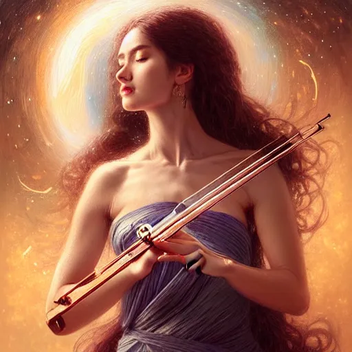 Prompt: a high quality life like portrait of a very very beautiful! celestial goddess of life playing a mystical violin and springing life into the universe, highly detailed, intricate, sharp focus, fantasy, mystical, dreamlike, by WLOP and greg rutkowski