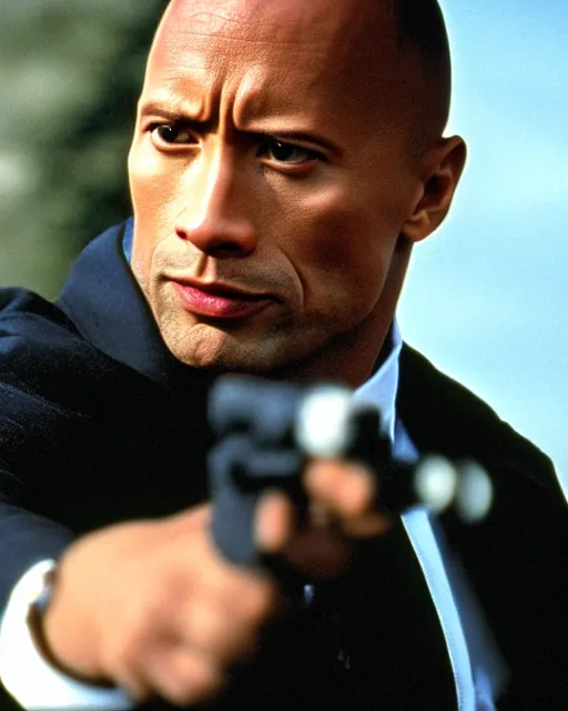 Prompt: Film still close-up shot of Dwayne Johnson as James Bond from the movie Goldeneye. Photographic, photography