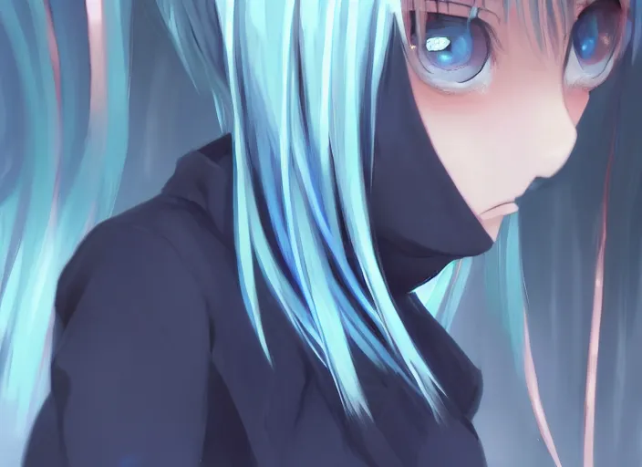 Prompt: rimuru with sky blue straight hair, bangs,!! amber eyes!! wearing a black jacket, high collar, concept art, award winning photography, digital painting, cinematic, by wlop, anime key visual, wlop, pixiv, 8 k, by ross tran yoshitaka amano, ilya kuvshinov,