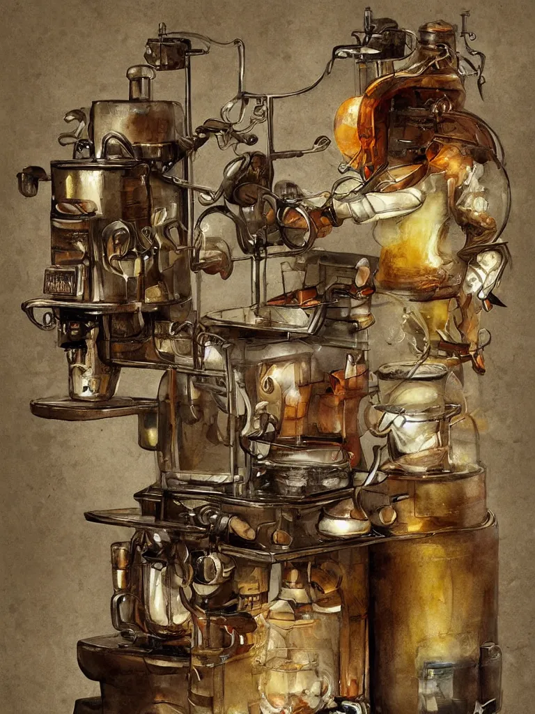 Prompt: ancient coffee machine, by Simon Stalenhaag, by Yoshita Amano, by Esao Andrews, sharp focus, fresh colors, conceptart