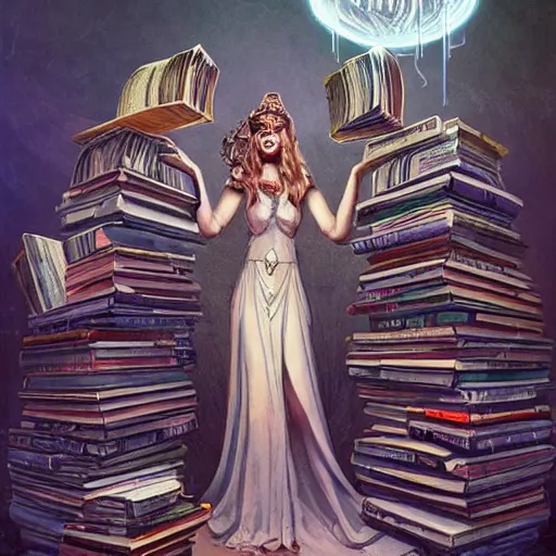 Prompt: a portrait of the goddess minerva surrounded by stacks of books, bioluminescent gown with deep level of detail of esoteric symbols, urban motifs, intricate, elegant, highly detailed, digital painting, trending on artstation, concept art, smooth sharp focus, illustration, art by artgerm and greg rutkowski, extremely high quality, surrealism