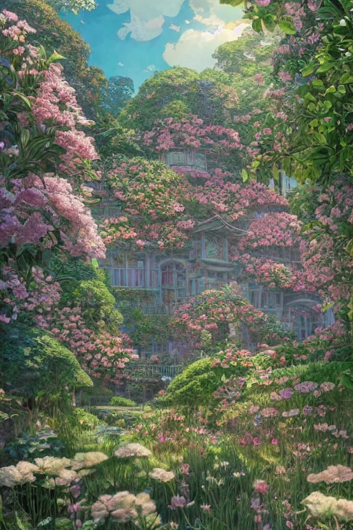 Image similar to a beautiful hyperdetailed illustration of absolutely beautiful blooming flower house alone, perfectly shaded, atmospheric lighting, style of studio ghibli, makoto shinkai, raphael lacoste, louis comfort tiffany, artgerm, james jean, ross tran, chinese style
