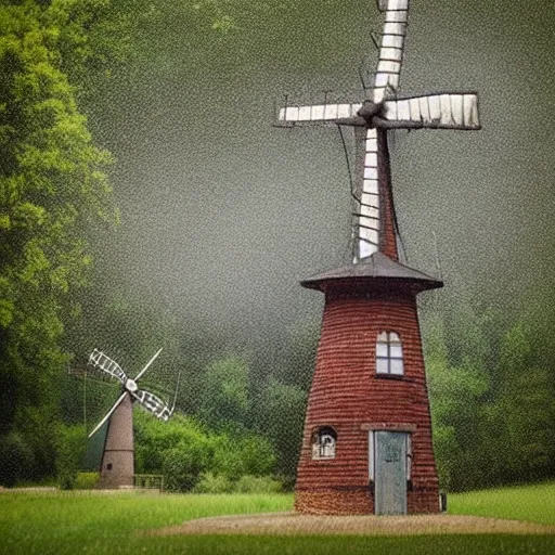 Prompt: a wishing well next to a windmill during a storm