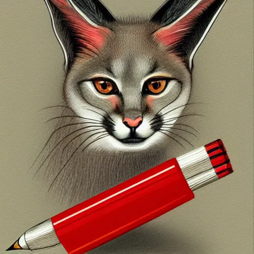 Image similar to cute caracal holding a red marker and pencil with paws, digital art by kuvshinov