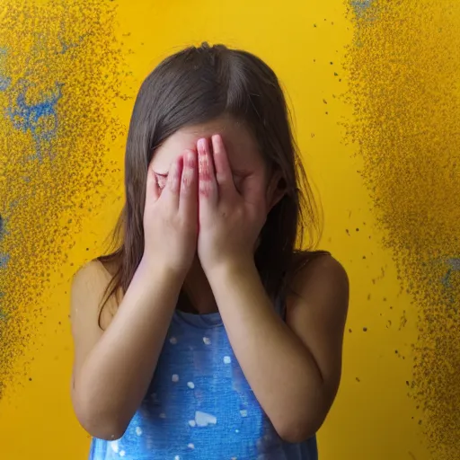 Image similar to crying girl covered by yellow and blue dust