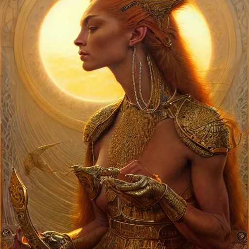 Image similar to highly detailed portrait of a majestic lioness queen in the form of a beautiful woman. d & d. art by donato giancola, george b. bridgman, ruan jia, alberto vargas. trending on artstation, intricate details, energetic composition, golden ratio, concept art, illustration, elegant art, global illuminaition