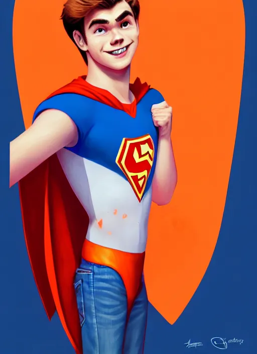 Image similar to friendly teenage archie andrews wearing an orange superhero costume with heart logo, heart, freckles, blue cape, heart emblem on chest, blue cape, intricate, elegant, glowing lights, highly detailed, digital painting, artstation, sharp focus, illustration, art by wlop, mars ravelo and greg rutkowski