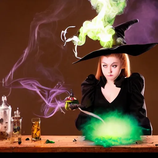 Image similar to black cat, teen witch mixing a spell in a cauldron, wispy smoke, witch hat, studio photography, green glowing smoke is coming out of the cauldron, ingredients on the table, apothecary shelves in the background, still from a nickelodeon show