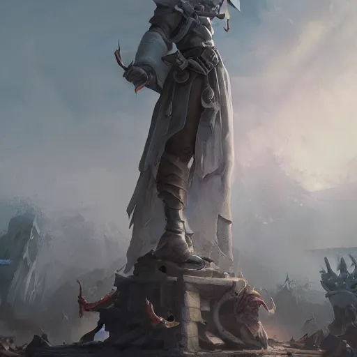 Image similar to a giant white chess bishop statue, battlefield background, bright art masterpiece artstation. 8 k, sharp high quality artwork in style of jose daniel cabrera pena and greg rutkowski, concept art by tooth wu, hearthstone card game artwork, chess piece