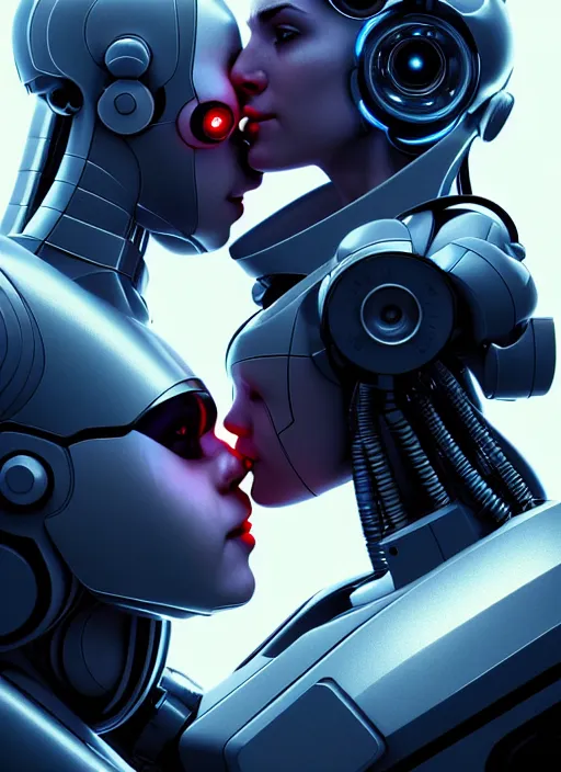 Image similar to ultra realistic close - up of a 3 d render beautiful couple of robots kissing, cyberpunk, sci - fi, fantasy, kodak, flare, octane render, colour led, soft light, volumetric lighting, night, intricate, highly detailed, digital painting, concept art, smooth, sharp focus, illustration, art by artgerm and greg rutkowski and alphonse mucha