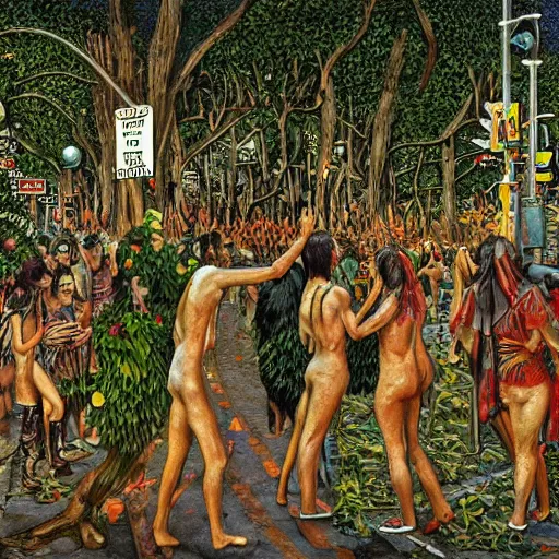 Image similar to pagan ritual on the streets of san francisco in the 1 9 7 0 s, covered in vegetation, highly detailed smooth digital art masterpiece