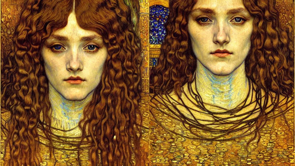 Image similar to detailed realistic beautiful young medieval queen face portrait by jean delville, gustav klimt and vincent van gogh, art nouveau, symbolist, visionary, gothic, pre - raphaelite, muted earthy colors, desaturated