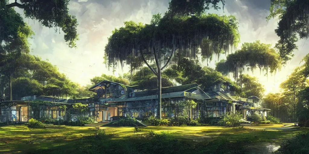 Image similar to a cyber punk house on a lush southern plantation with a tree-lined driveway, romanticism, hyperdetailed, artstation, cgsociety, 8k, masterpiece, sharp H 640