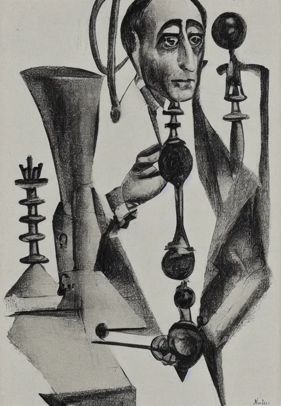 Prompt: a concept drawing of marcel duchamp holding up a chess - piece wire - machine, a surrealist painting by marcel duchamp, complex artificial - intelligence machinery, minimal sketch flow - chart, academic art, 1 9 2 0 s